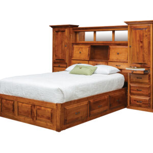 Raised Platform Storage Bed with Attached Wall Unit & Drawers